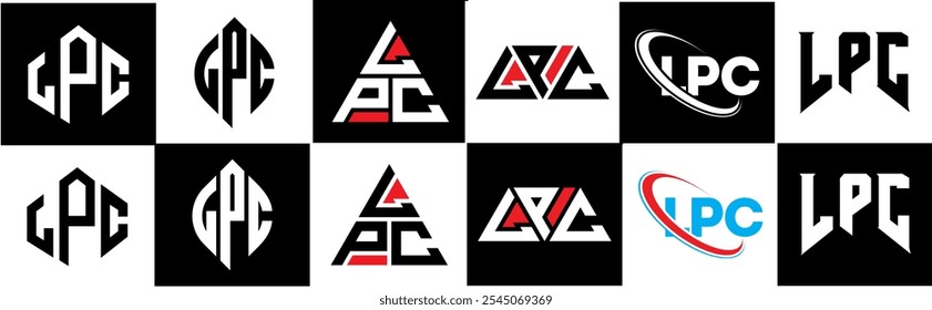 Design de logotipo de letra LPC em estilo seis. Polígono LPC, círculo, triângulo, hexágono, estilo simples e plano com logotipo de letra de variação de cor preto e branco definido em uma prancheta. Logotipo minimalista e clássico de LPC