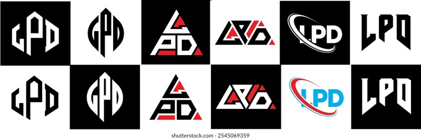 Diseño de logotipo de letra LPD en seis estilos. Polígono de LPD, círculo, triángulo, hexágono, estilo plano y simple con logo de letra de variación de color blanco y negro en una mesa de trabajo. Logotipo minimalista y clásico de LPD