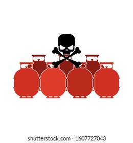  LPG cooking gas cylinders with skull and crossbones. Flat style illustration. Isolated on white background. 