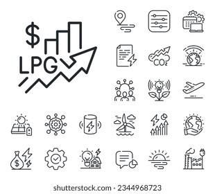 Signo de impuestos especiales sobre el GLP. Iconos de energía, gases de escape de CO2 y paneles solares. Icono de línea de precio elevado. Símbolo del impuesto sobre el gas. Signo de línea de precio elevado. Icono de la energía eólica o eléctrica. Planeta verde. Vector