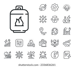 LPG fuel container sign. Energy, Co2 exhaust and solar panel outline icons. Gas cylinder line icon. Liquefied petroleum gas bottle symbol. Gas cylinder line sign. Vector