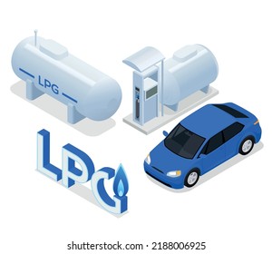 Conjunto de conceptos de diseño isométrico GLP de recipiente con gas licuado de petróleo y estación de reabastecimiento de coches ilustración vectorial aislada