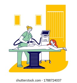 Lpg Massage Beauty Spa Procedure. Female Character Applying Treatment in Professional Clinic with Cosmetology Apparatus. Body and Skin Care, Liposuction Massaging. Linear People Vector Illustration