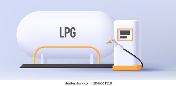 LPG station equipment 3d illustration with gas pipe and nozzle and big cylinder filled with liquid gas, white shapes with yellow decor