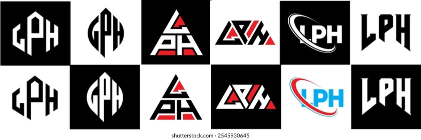 Diseño de logotipo de letra LPH en seis estilos. LPH polígono, círculo, triángulo, hexágono, estilo plano y simple con logo de letra de variación de color blanco y negro en una mesa de trabajo. Logotipo minimalista y clásico de LPH