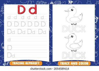 Handgepäck-Tracing-Übung Letter D , Schreibmaschine und Farbbuch für Kinder