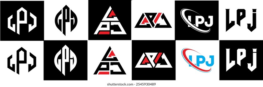 Diseño de logotipo de letra LPJ en seis estilos. Polígono de LPJ, círculo, triángulo, hexágono, estilo plano y simple con logo de letra de variación de color blanco y negro en una mesa de trabajo. Logotipo minimalista y clásico de LPJ