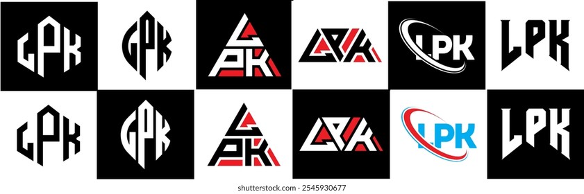 LPK letter logo design in six style. LPK polygon, circle, triangle, hexagon, flat and simple style with black and white color variation letter logo set in one artboard. LPK minimalist and classic logo