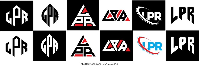 Diseño de logotipo de la letra de LPR en seis estilos. Polígono de LPR, círculo, triángulo, hexágono, estilo plano y simple con logo de letra de variación de color blanco y negro en una mesa de trabajo. Logotipo minimalista y clásico de LPR