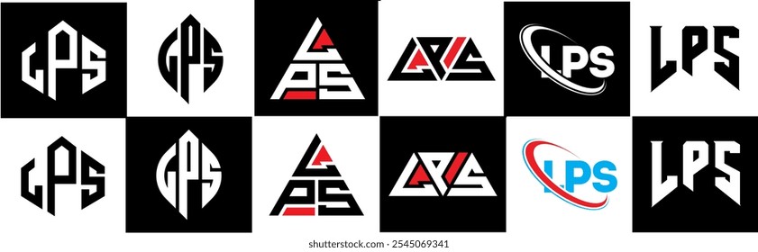 LPS letter logo design in six style. LPS polygon, circle, triangle, hexagon, flat and simple style with black and white color variation letter logo set in one artboard. LPS minimalist and classic logo