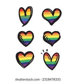 Lqbt pride month. Doodle heart with rainbow flag colors. Diversity representation.