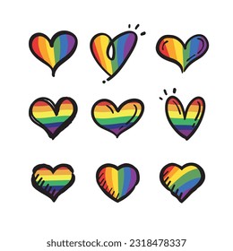 Lqbt pride month. Doodle heart with rainbow flag colors. Diversity representation.