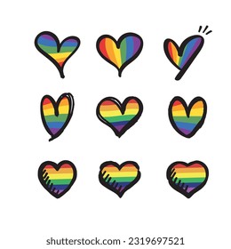 Lqbt pride month. Doodle heart with rainbow flag colors. Diversity representation.