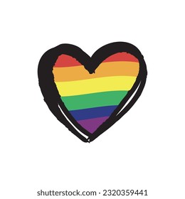 Lqbt pride month. Doodle heart with rainbow flag colors. Diversity representation.