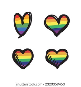 Lqbt pride month. Doodle heart with rainbow flag colors. Diversity representation.