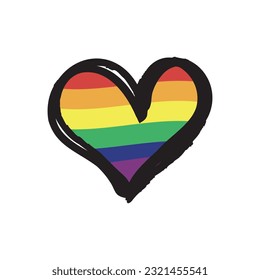 Lqbt pride month. Doodle heart with rainbow flag colors. Diversity representation.