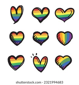 Lqbt pride month. Doodle heart with rainbow flag colors. Diversity representation.