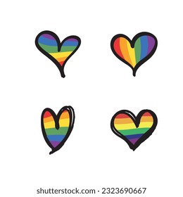 Lqbt pride month. Doodle heart with rainbow flag colors. Diversity representation.