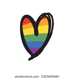 Lqbt pride month. Doodle heart with rainbow flag colors. Diversity representation.