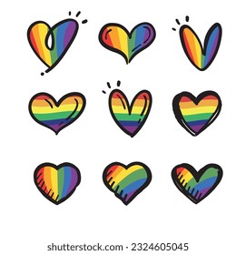 Lqbt pride month. Doodle heart with rainbow flag colors. Diversity representation.