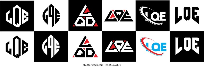 LQE letter logo design in six style. LQE polygon, circle, triangle, hexagon, flat and simple style with black and white color variation letter logo set in one artboard. LQE minimalist and classic logo