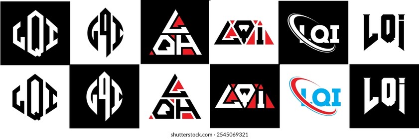 LQI letter logo design in six style. LQI polygon, circle, triangle, hexagon, flat and simple style with black and white color variation letter logo set in one artboard. LQI minimalist and classic logo