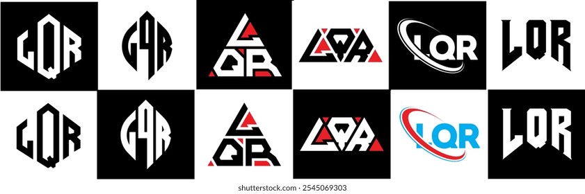 LQR letter logo design in six style. LQR polygon, circle, triangle, hexagon, flat and simple style with black and white color variation letter logo set in one artboard. LQR minimalist and classic logo