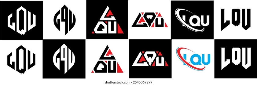 LQU letter logo design in six style. LQU polygon, circle, triangle, hexagon, flat and simple style with black and white color variation letter logo set in one artboard. LQU minimalist and classic logo