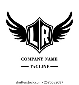 LR bold shield logo with wings, customizable with letters A to Z. Perfect for brands seeking a powerful symbol of strength, freedom, and ambition