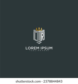 LR initial monogram for crown and shield logo design