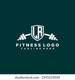 LR initial monogram for fitnes or gym logo with creative shield and barbell design