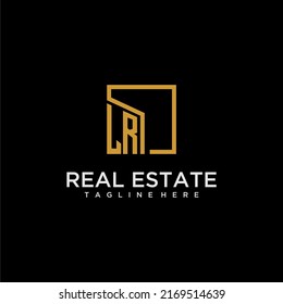 LR initial monogram logo for real estate design with creative square image