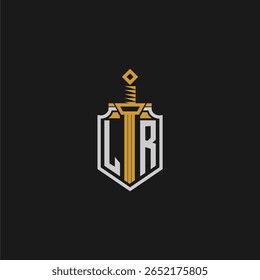 LR monograma inicial para imagem estilo escudo e espada