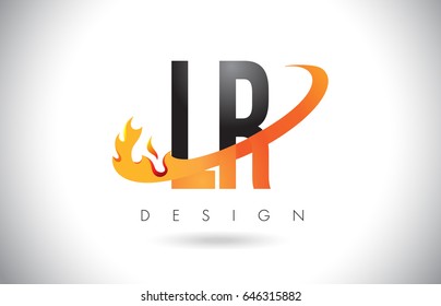 LR L R Letter Logo Design with Fire Flames and Orange Swoosh Vector Illustration.