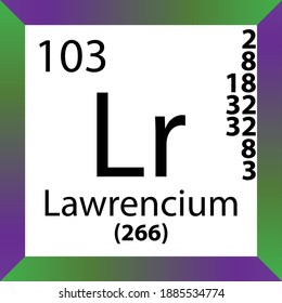 Lr Lawrencium Chemical Element Periodic Table. Single vector illustration, colorful Icon with molar mass, electron conf. and atomic number for Lab, science or chemistry class.