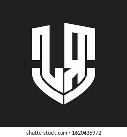 Monograma del logotipo LR con forma de escudo de emblema aislado sobre fondo negro