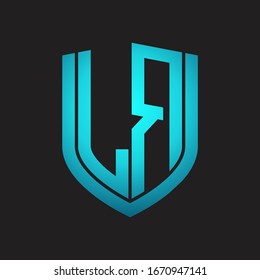 Monograma del logotipo LR con diseño de escudo de emblemas aislado con colores azules sobre fondo negro