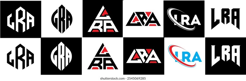 LRA letter logo design in six style. LRA polygon, circle, triangle, hexagon, flat and simple style with black and white color variation letter logo set in one artboard. LRA minimalist and classic logo