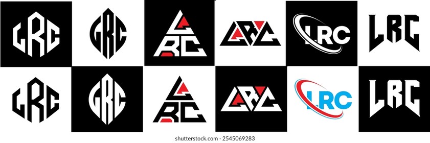 LRC letter logo design in six style. LRC polygon, circle, triangle, hexagon, flat and simple style with black and white color variation letter logo set in one artboard. LRC minimalist and classic logo