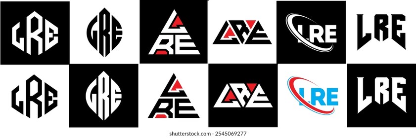 LRE letter logo design in six style. LRE polygon, circle, triangle, hexagon, flat and simple style with black and white color variation letter logo set in one artboard. LRE minimalist and classic logo