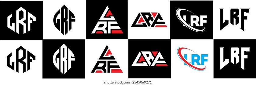 LRF Buchstaben Logo Design in sechs Stil. LRF Polygon, Kreis, Dreieck, Sechseck, flach und einfach mit schwarz-weißem Farbvariationsbuchstaben Logo in einer Zeichenfläche. LRF minimalistisches und klassisches Logo