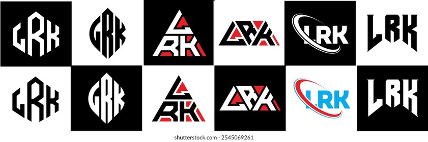 LRK letra logotipo design em estilo seis. Polígono LRK, círculo, triângulo, hexágono, estilo simples e plano com logotipo de letra de variação de cor preto e branco definido em uma prancheta. Logotipo minimalista e clássico LRK