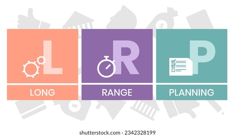 LRP, Long Range Planning acronym. Concept with keyword, people and icons. Flat vector illustration. Isolated on white.