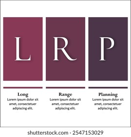 LRP - Siglas de planificación a largo plazo. Plantilla de infografía con iconos y marcador de posición de descripción