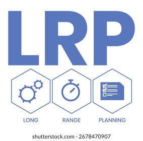LRP, acrónimo de Long Range Planning. Concepto con Palabra clave, personas e íconos. Ilustración vectorial plana. Aislado en blanco.