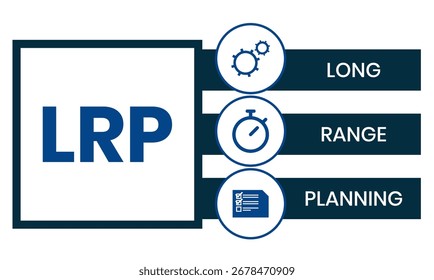 LRP, acrónimo de Long Range Planning. Concepto con Palabra clave, personas e íconos. Ilustración vectorial plana. Aislado en blanco.