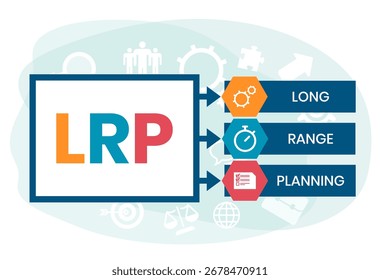LRP, acrónimo de Long Range Planning. Concepto con Palabra clave, personas e íconos. Ilustración vectorial plana. Aislado en blanco.