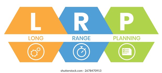 LRP, acrónimo de Long Range Planning. Concepto con Palabra clave, personas e íconos. Ilustración vectorial plana. Aislado en blanco.