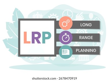LRP, acrónimo de Long Range Planning. Concepto con Palabra clave, personas e íconos. Ilustración vectorial plana. Aislado en blanco.