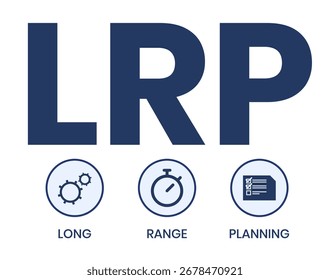 LRP, acrónimo de Long Range Planning. Concepto con Palabra clave, personas e íconos. Ilustración vectorial plana. Aislado en blanco.